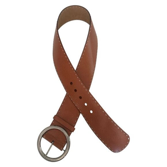 PRADA Belt Women 36 EU 90 Wide Leather Brass Round Buckle Hippie Statement Italy - Picture 15 of 16